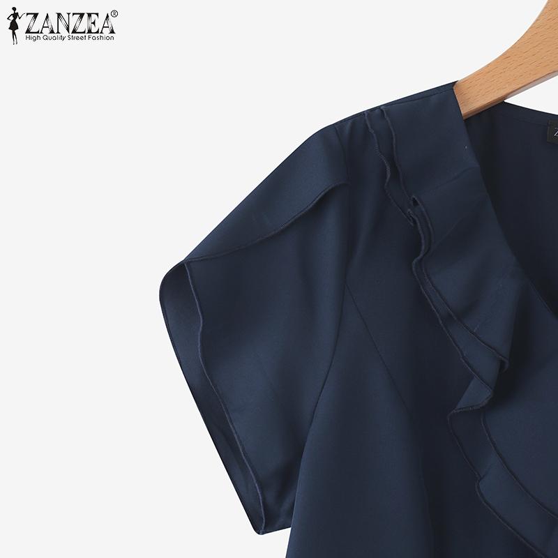 ZANZEA Женская летняя блузка с рюшами, V-образным вырезом, коротким рукавом, повседневная