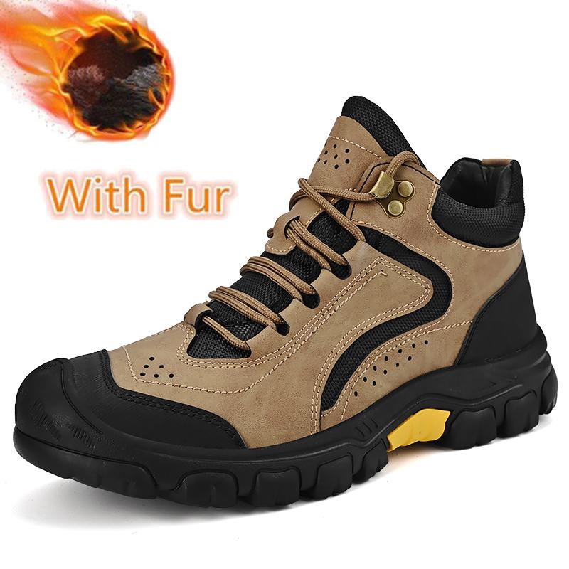 Новые мужские походные ботинки из натуральной кожи, зимние меховые короткие ботинки на платформе, модная повседневная обувь на шнуровке для мужчин, ботинки для активного отдыха