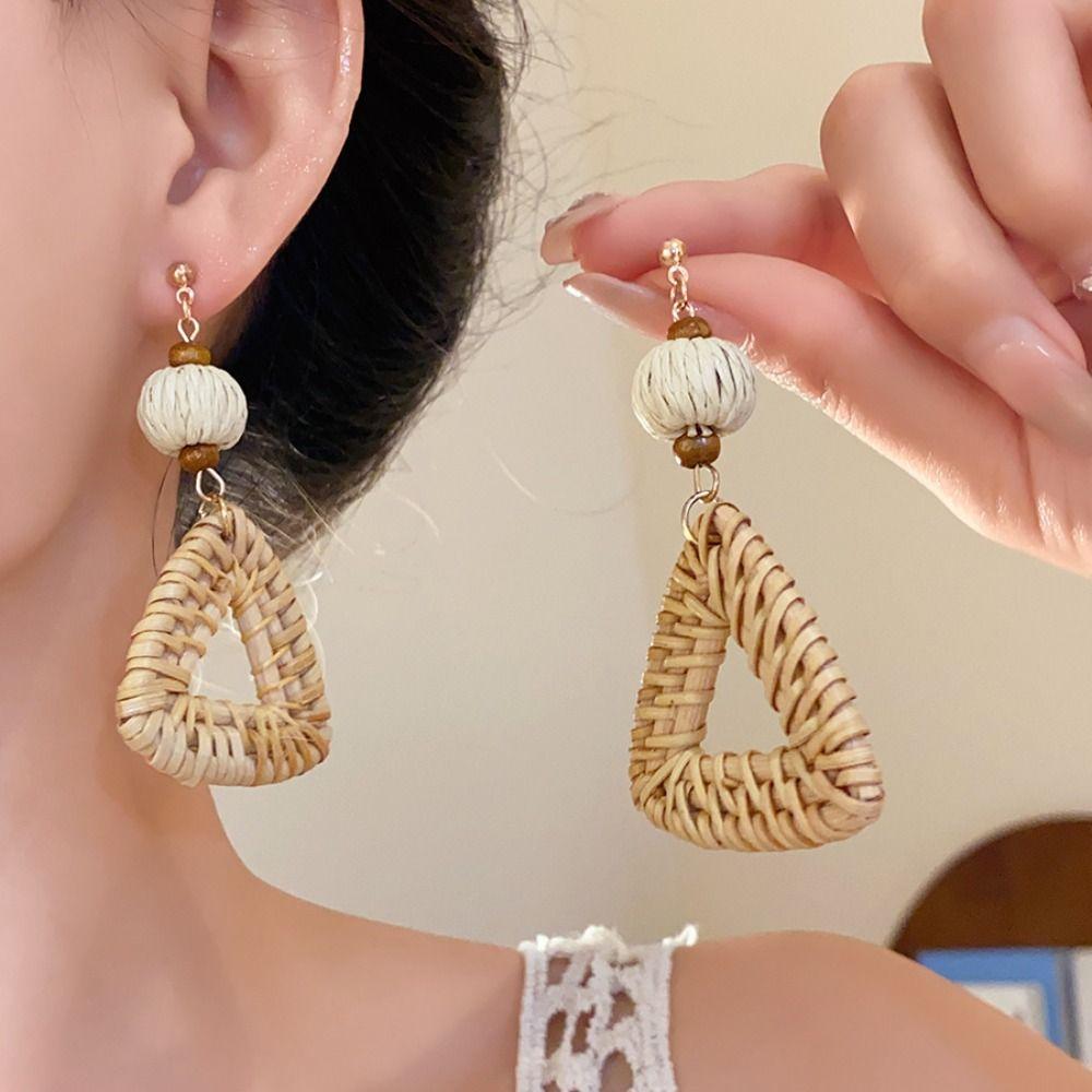Wood Bohemian Drop Earrings Round Geometric Earrings Retro Rattan Weave Earrings  Party