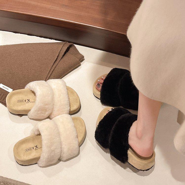 Модные женские тапочки на толстой подошве с пушистым мехом, стильные, простые, элегантные, модные резиновые шлепанцы для улицы, сандалии с открытым носком