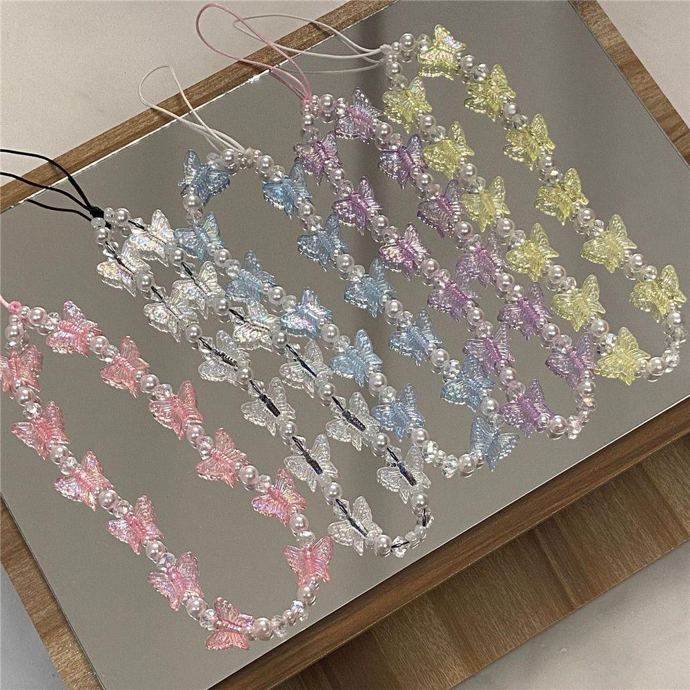 Rope Charming Phone Lanyard Resin Butterfly Phone Chains Beaded Chain Anti-Lost Rope Mobile Strap