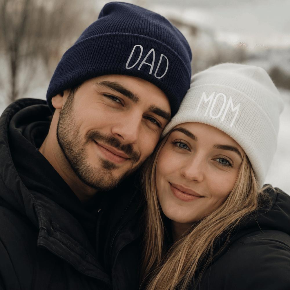 Family Matching MOM DAD Knit Beanie Stretch Cuffed Matching Hat Stretchy Couple Hat  Parent Gift