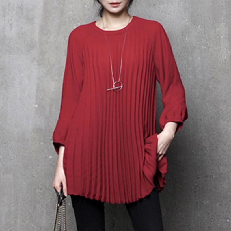 ZANZEA Женская повседневная блузка с длинным рукавом и круглым вырезом, свободная, плиссированная