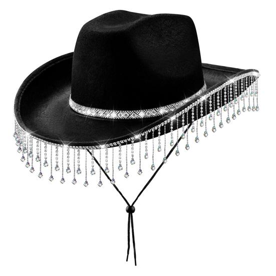 Шляпа ковбоя со стразами и кисточками, декорированная в стиле кантри, головной убор для вечеринок, фетровая шляпа с широкими полями, кепка ковбоя в стиле вестерн с пряжкой для вечеринок и фестивалей