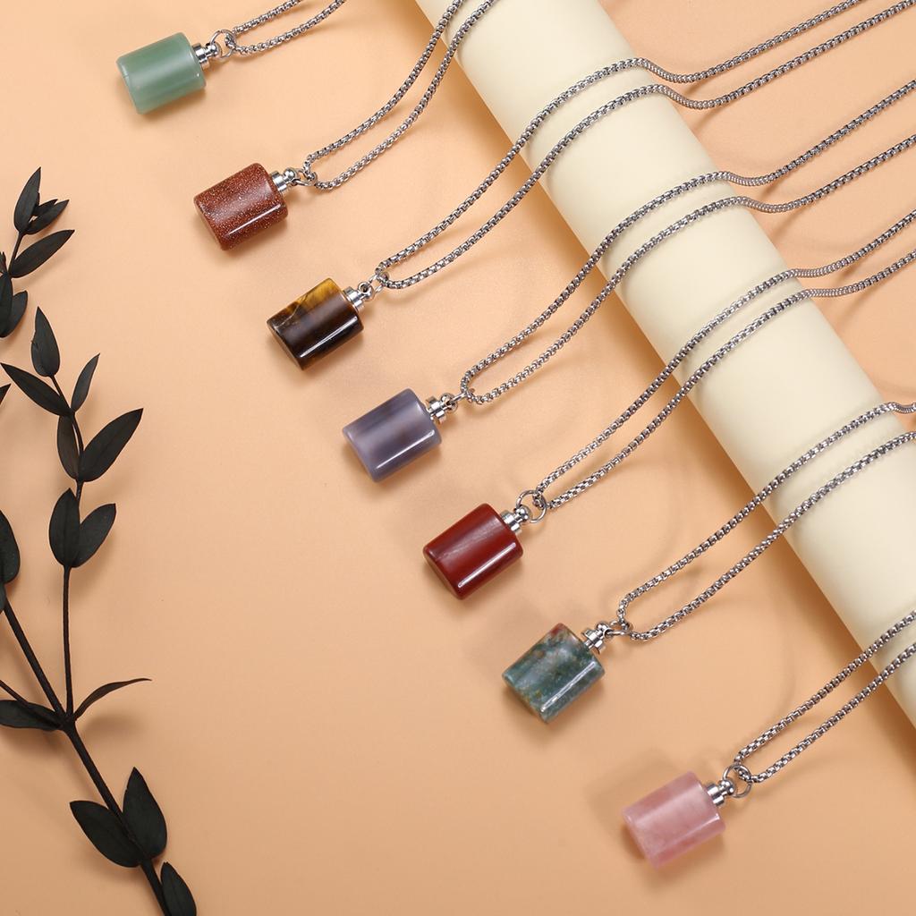 1Pc Healing Crystal Perfume Bottle Necklace Pendant Flat Cylinder Charm Silver Chain Necklaces for Women Jewellery 30x18mm