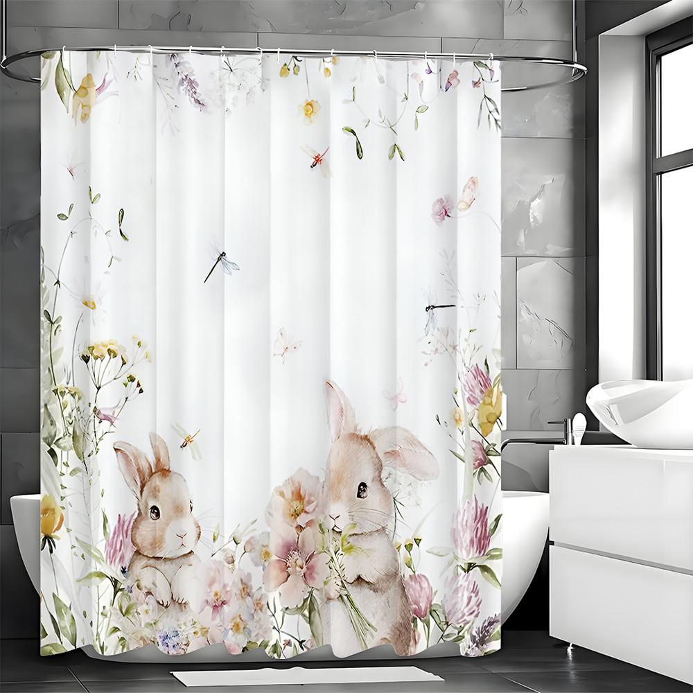 Занавеска для душа «Пасхальный кролик» Розовые акварельные цветы Листья Милый кролик Цветок Счастливой Пасхи Весенний праздник Ванная комната Декоративный Шо