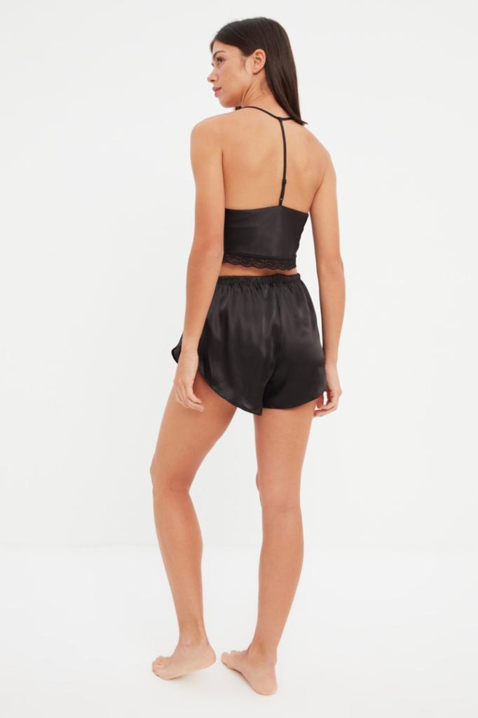 Women's Fashion New Pajama Set Black Lace Detailed Rope Strap Crop Satin Woven Pajama Set