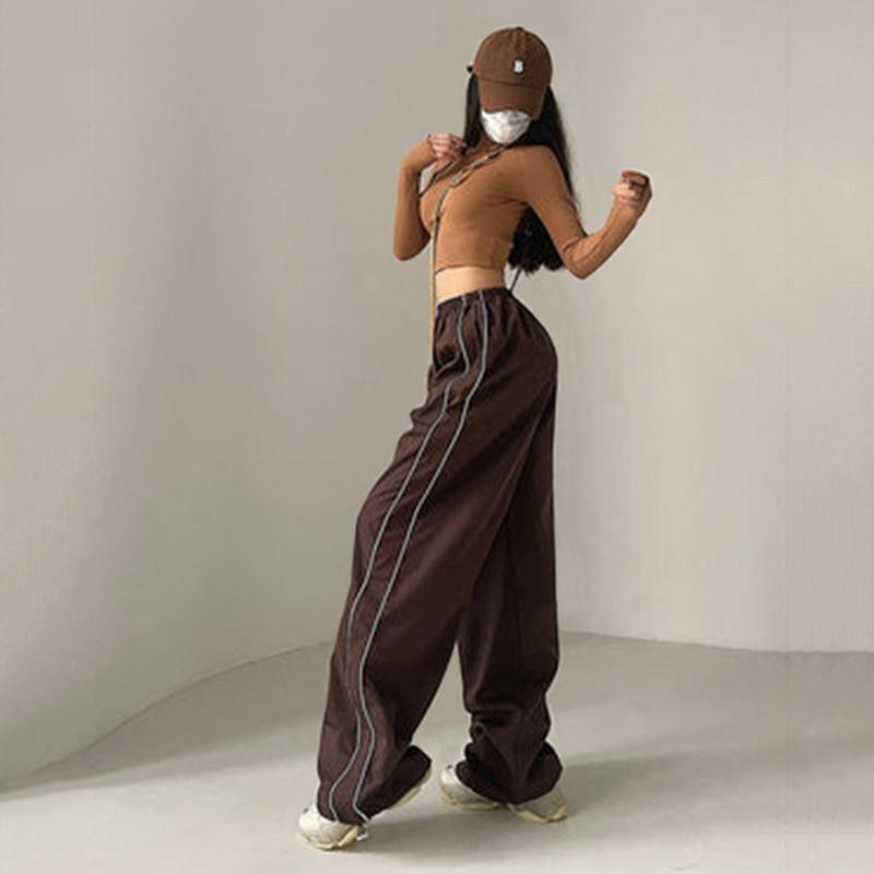 Женские прямые брюки с полосками по бокам, спортивные штаны с низкой посадкой, мешковатые широкие брюки в стиле Харадзюку, повседневные универсальные брюки-парашюты