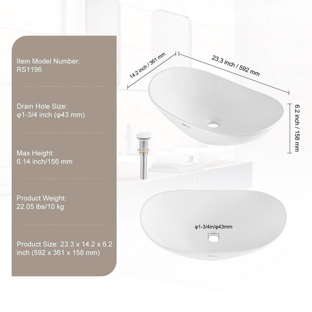 Modern Ceramic Vessel Sink 23.3" x 14.2" Bathroom Vanity Bowl Countertop