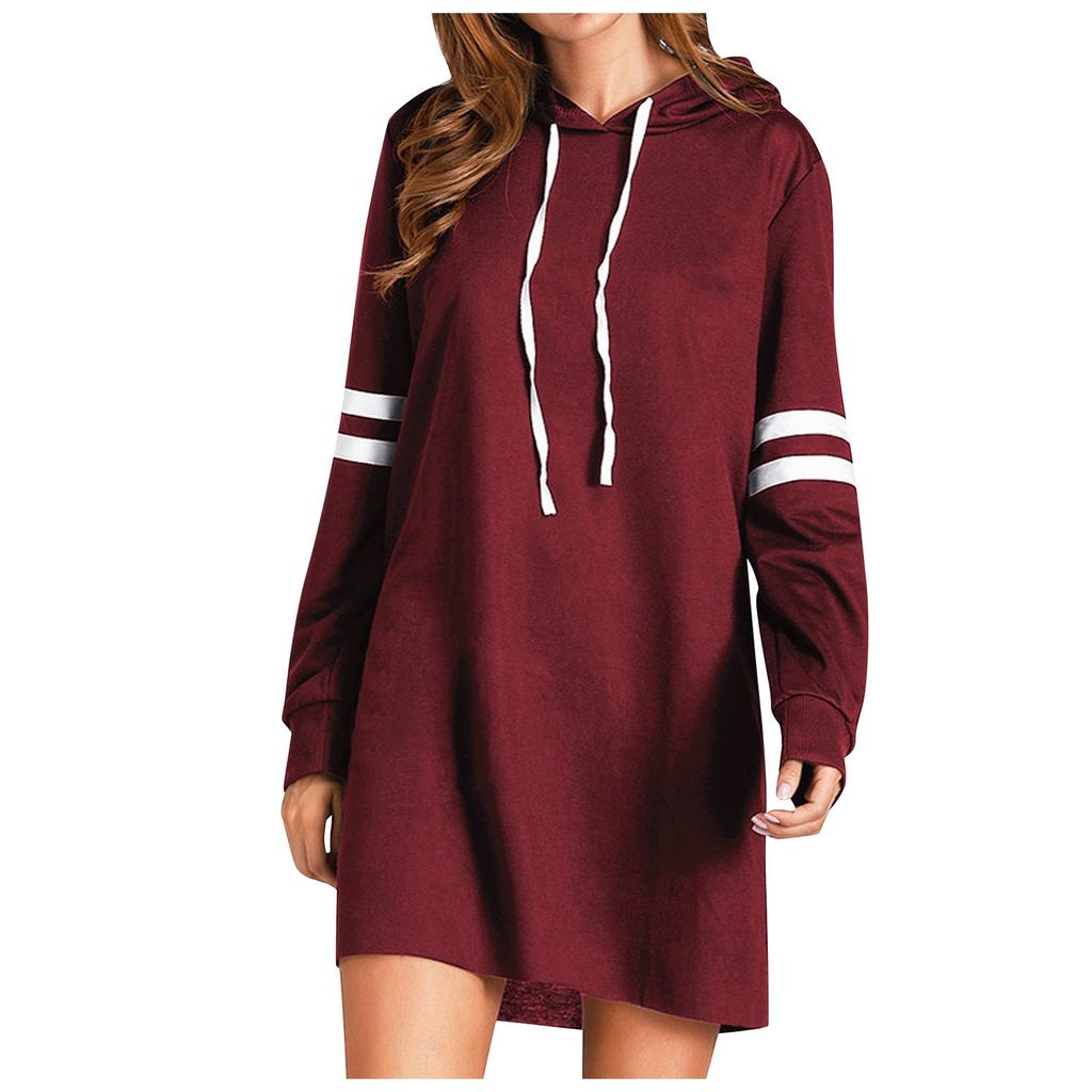 Women's Contrasting Color Long Sleeve Hooded Pocket Pullover Hooded Dress