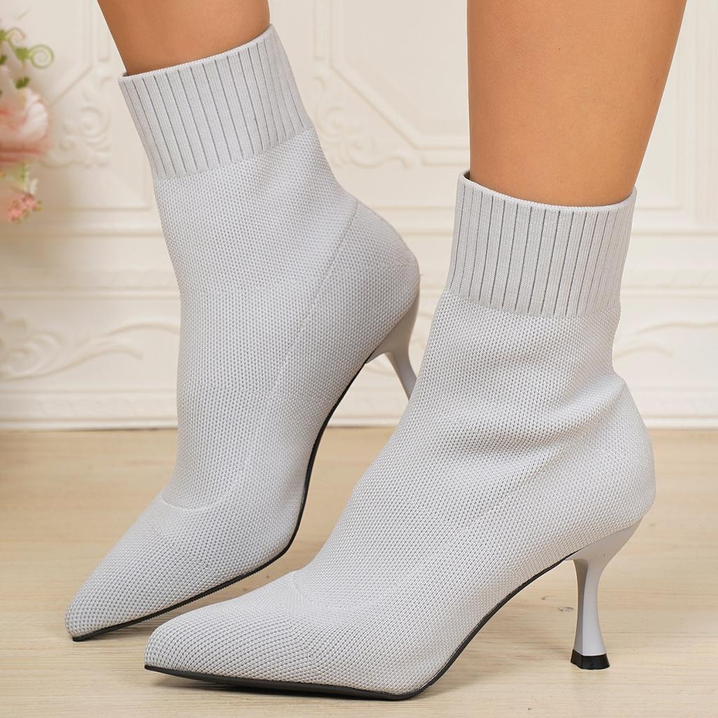 Женские модные вязаные ажурные короткие сапоги на высоком каблуке с элегантным характером, из мягкой и эластичной ткани, повседневные и удобные для ношения с джинсами