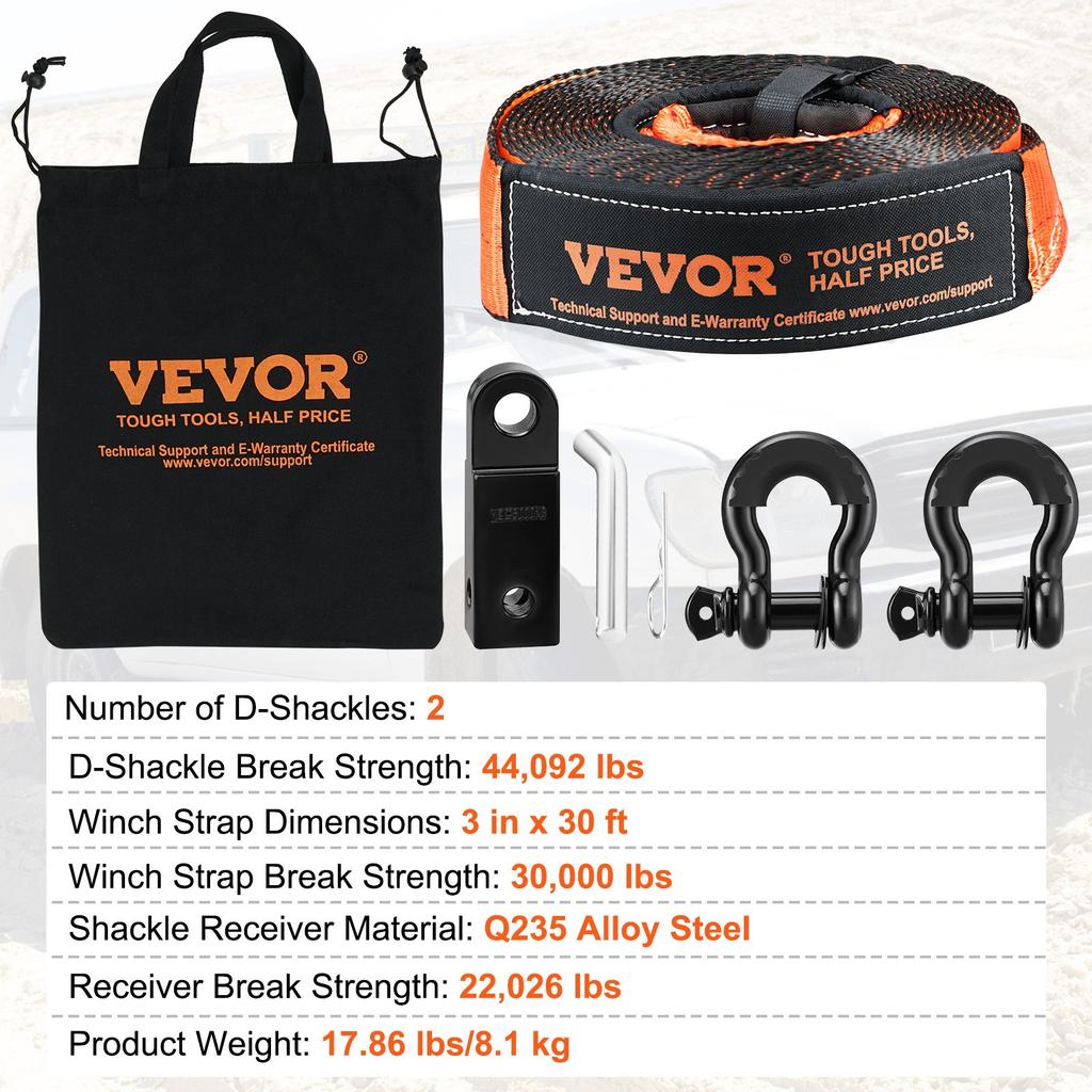 VEVOR Off-Road Recovery Kit, 3" x 30', Heavy Duty Winch Recovery Kit with 30,000 lbs Tow Strap, 44,092 lbs D-Ring Shackles