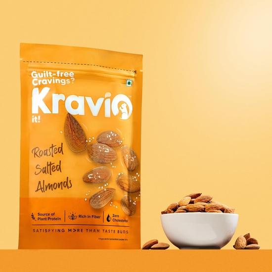 Kravio Премиум Жареный Соленый Миндаль (2 x 200 г) | Натуральные цельные калифорнийские миндальные орехи и сухофрукты без холестерина | Богаты белком