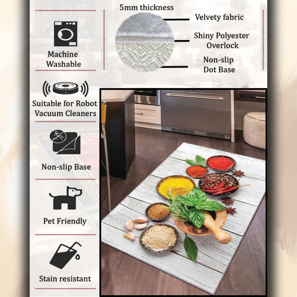 Kitchen Rug Decorated with Colorful Spices, Stylish Spice Themed Rug for Modern Kitchens