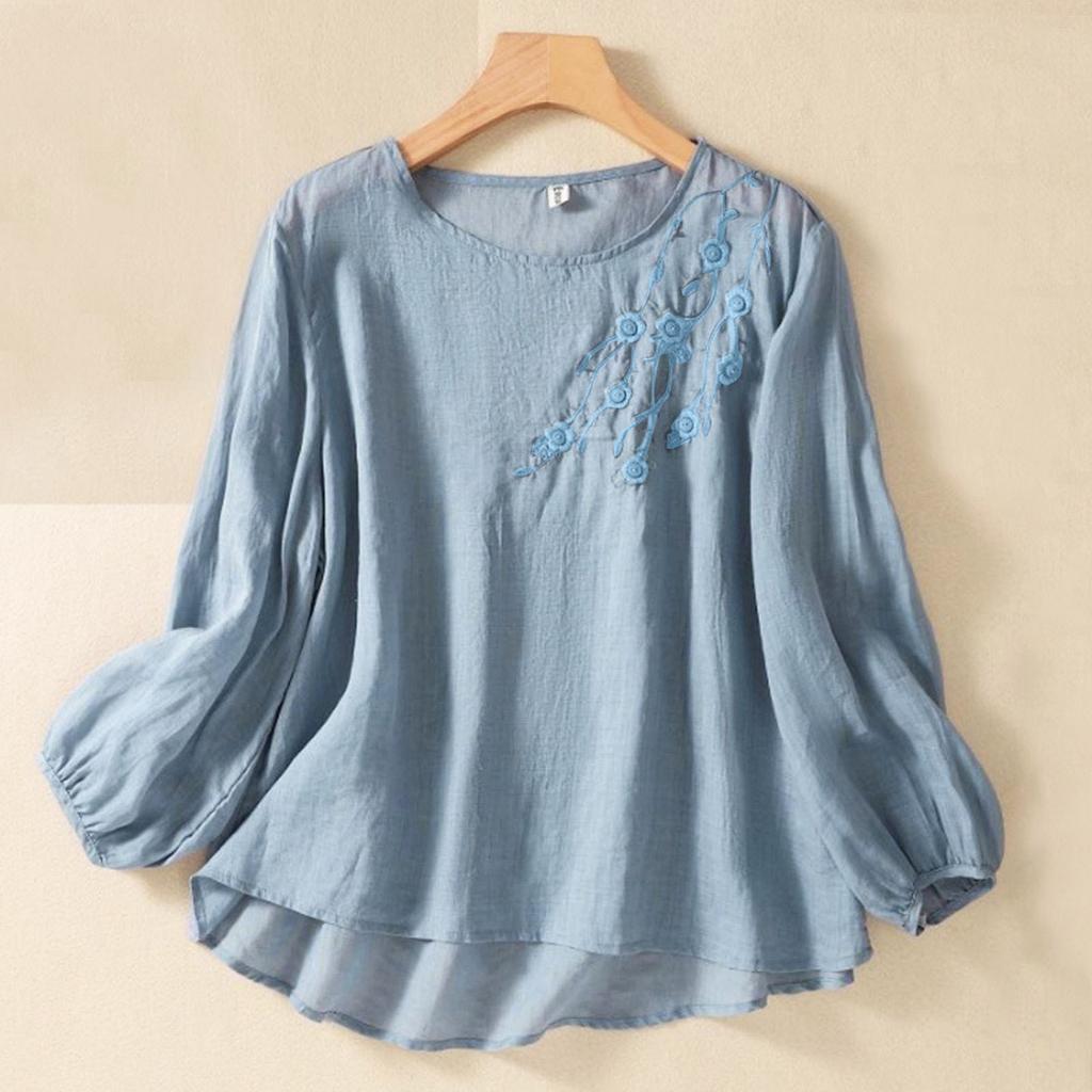 Женская однотонная хлопковая и льняная футболка с длинными рукавами и вышивкой в стиле ретро с дышащей тканью и круглым вырезом
