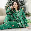 Christmas Women's Home Clothes Autumn Silk Satin Pajamas Long Sleeve Button Top with Pants Sleepwear Lounge Wear Pyjamas Femme