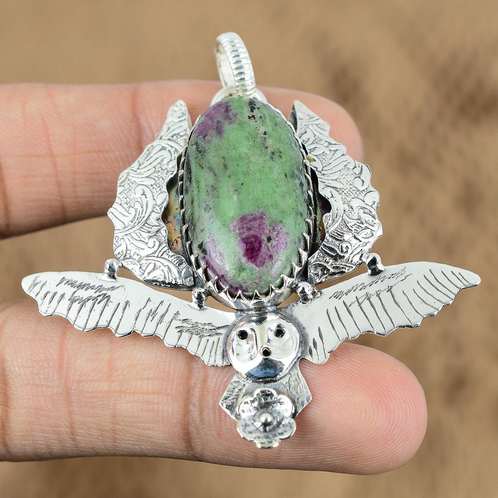 Natural Ruby Zoisite Gemstone Jewelry 925 Sterling Silver Pendant Owl For Women