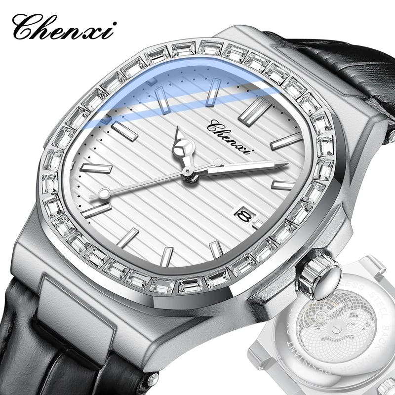 Chenxi Мужские часы Роскошные Водонепроницаемые Светящиеся Кожаные Часы Спорт Кварцевые Часы Прозрачная Задняя Крышка Дата Бизнес Наручные Часы