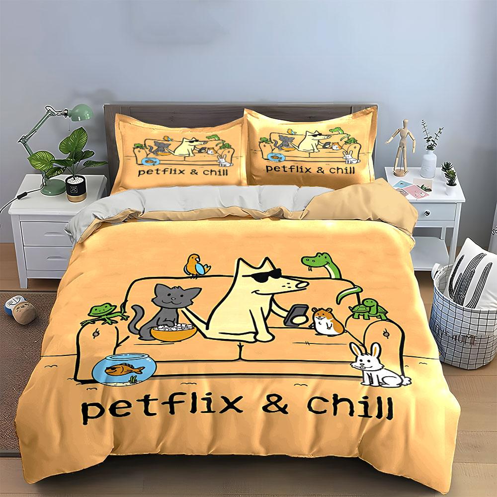 Funny Petflix & Chill Design Bedding Duvet Cover Set Duvet Cover Pillowcases (1*Duvet Cover 2*Pillowcases, without duvet insert)