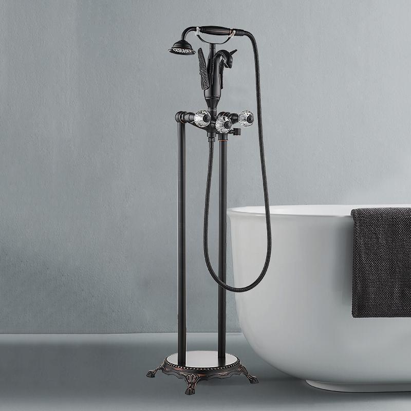 Tuqiu Gold Ванная комната Ванна Смеситель Ручной Душ Отдельно Стоящий Черный Масло Матовый Лебедь Смесители Для Ванны Напольный Монтаж