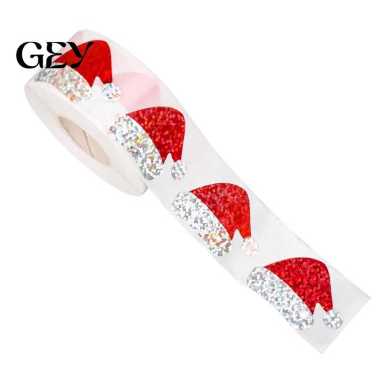 Roll Labels for Craft Projects 500PCS Christmas Hat Stickers Roll, Waterproof PET Self-Adhesive Labels, Themed Decorative Decals Flash Glitter