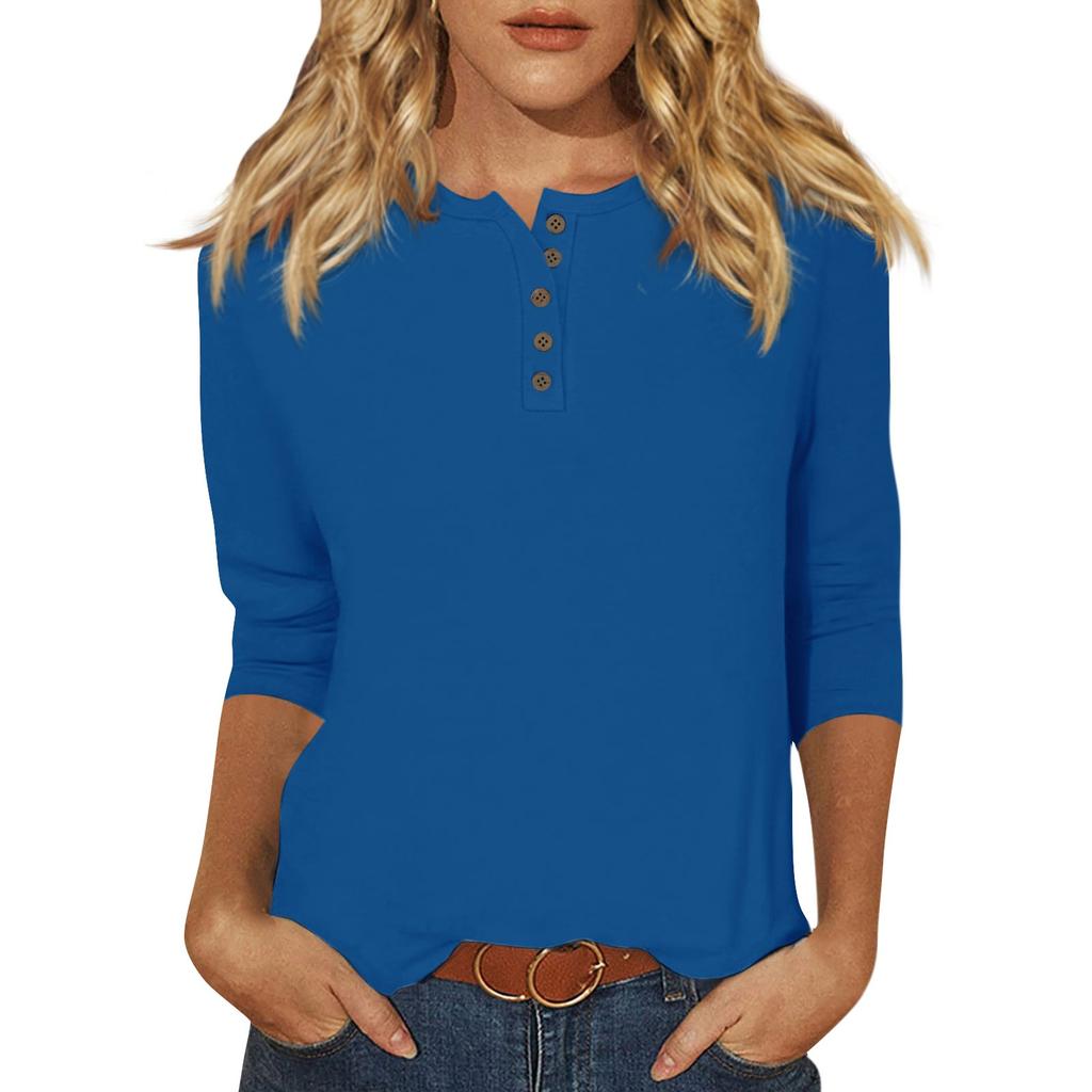 Women's Fashion Casual Round Neck 3/4 Sleeve Loose Solid Color Button T-Shirt Ladies Top
