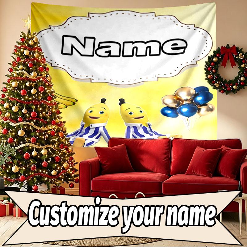 Custom Name Personalized Bananas in Pyjamas Print Tapestry, Wall Art Decor, Bedroom, Dorm, Apartment, LivingRoom, Party Backdrop, Gift for Birthday