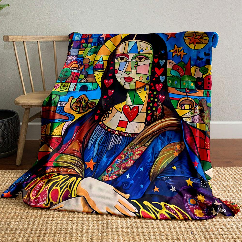 Colorful cubism-inspired portrait blended with hearts, stars, and patterns. for all seasons blanket lunch break throw gift