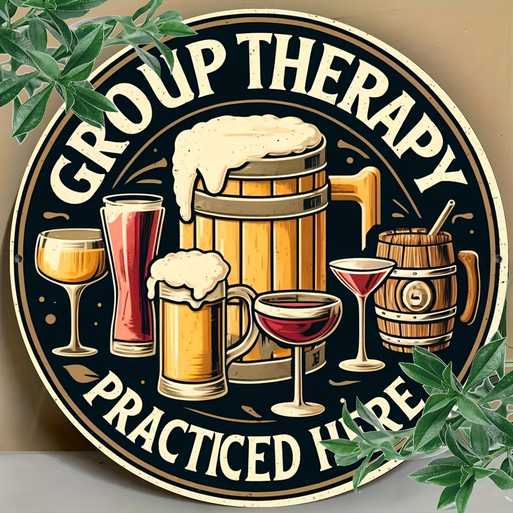 Vintage Beer Bar Art Poster: Group Therapy Practiced Here - Wooden Sign for Home Decor, Suitable for Man Cave, Backyard, or Bar Wall