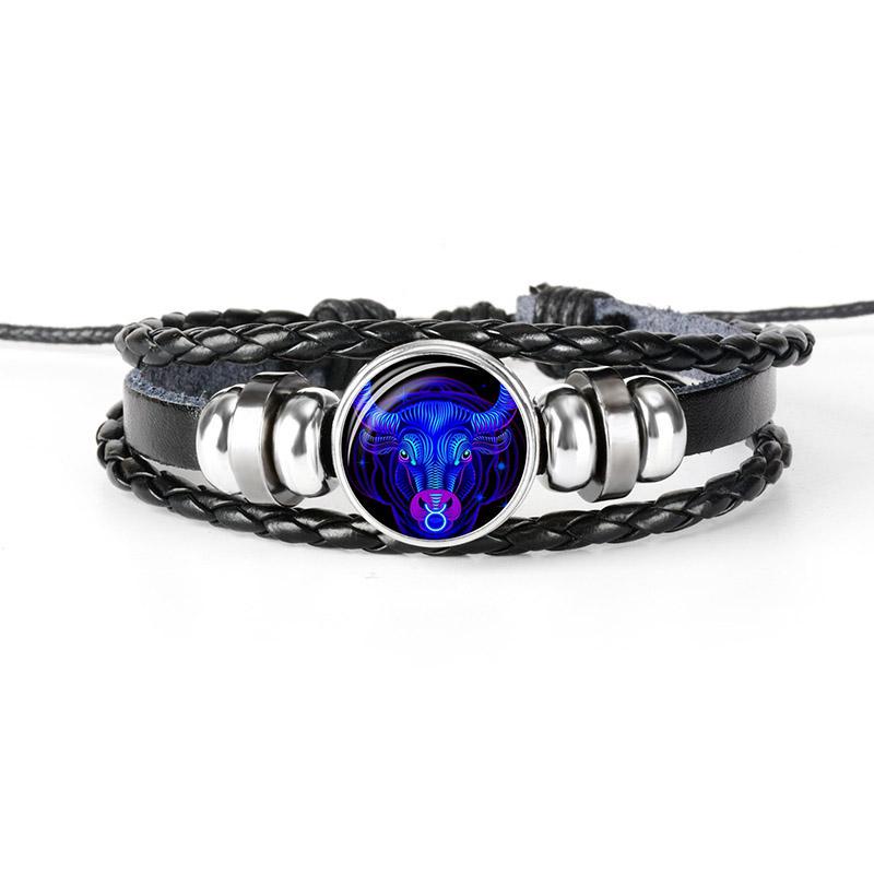 Night Light Up Zodiac Sign Braided Leather Bracelet for Men Women - 12 Constellation Horoscope Adjustable Wristband