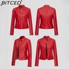 Модная женская куртка из искусственной ПУ кожи, воротник-стойка, легкий весенне-осенний стиль, красная кожаная куртка