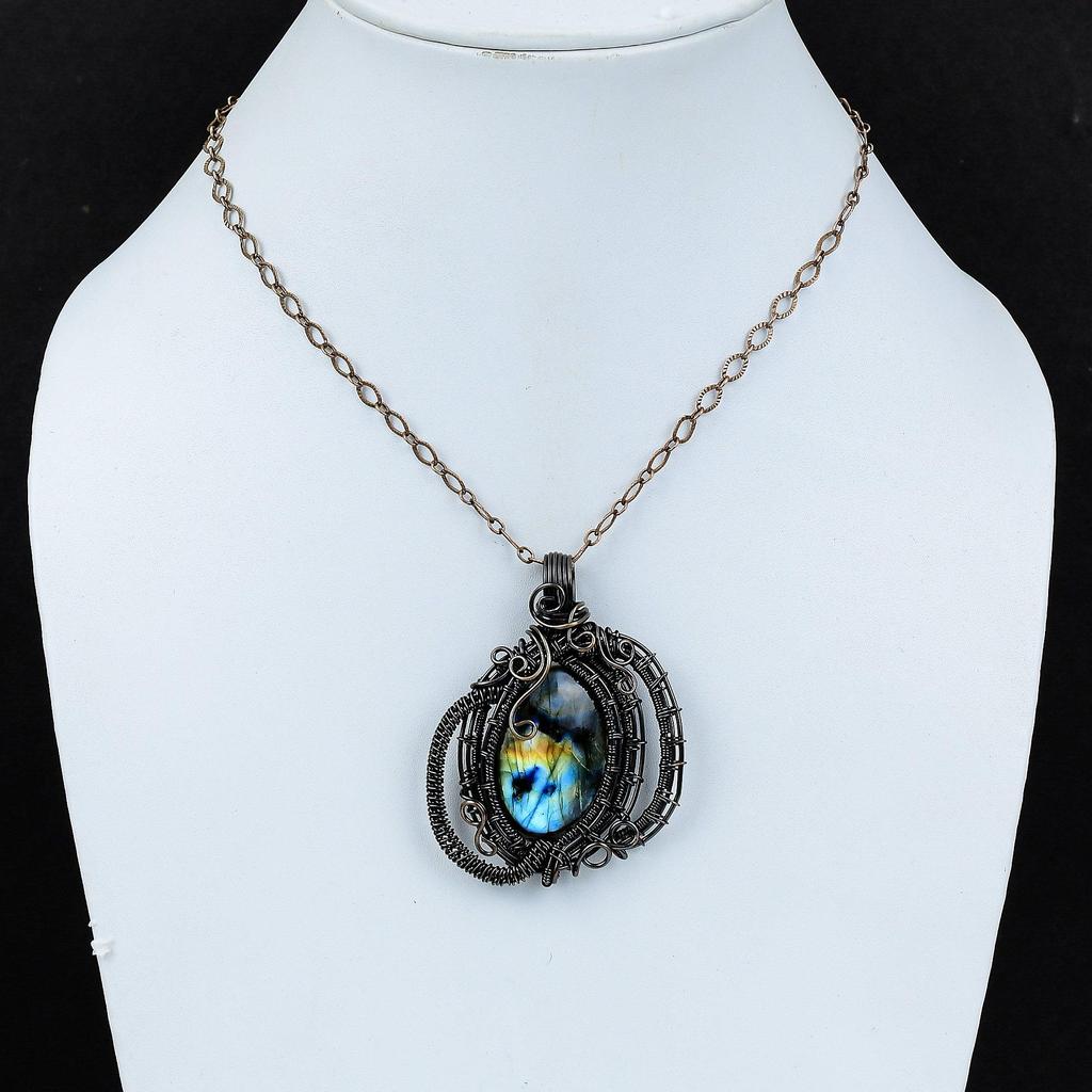 Кулон из лабрадорита, обмотанный медной проволокой, кулон с драгоценным камнем, кулон новейшего дизайна, украшение, обмотанное медной проволокой, подарок для него, украшения в стиле бохо ручной работы