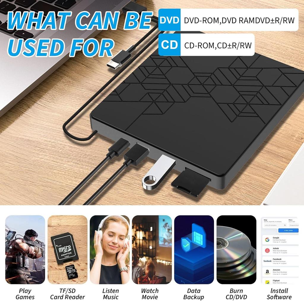 Внешний CD/DVD-привод, USB 3.0 DVD CD-резак с 2 портами USB и 2 слотами для карт TF/SD, DVD-плеер для ноутбука, Mac, ПК, Windows 11/10