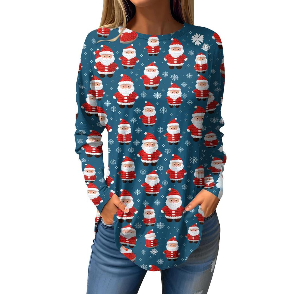Women's Loose Round Neck Christmas Printed Long Sleeved T Shirt Top Pullover Long Sleeved Sweatshirt
