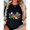 Lucky Vibes T Shirt Black Colorful Dice Star And Money Symbols Print Casual Wear For Women Party Outfit