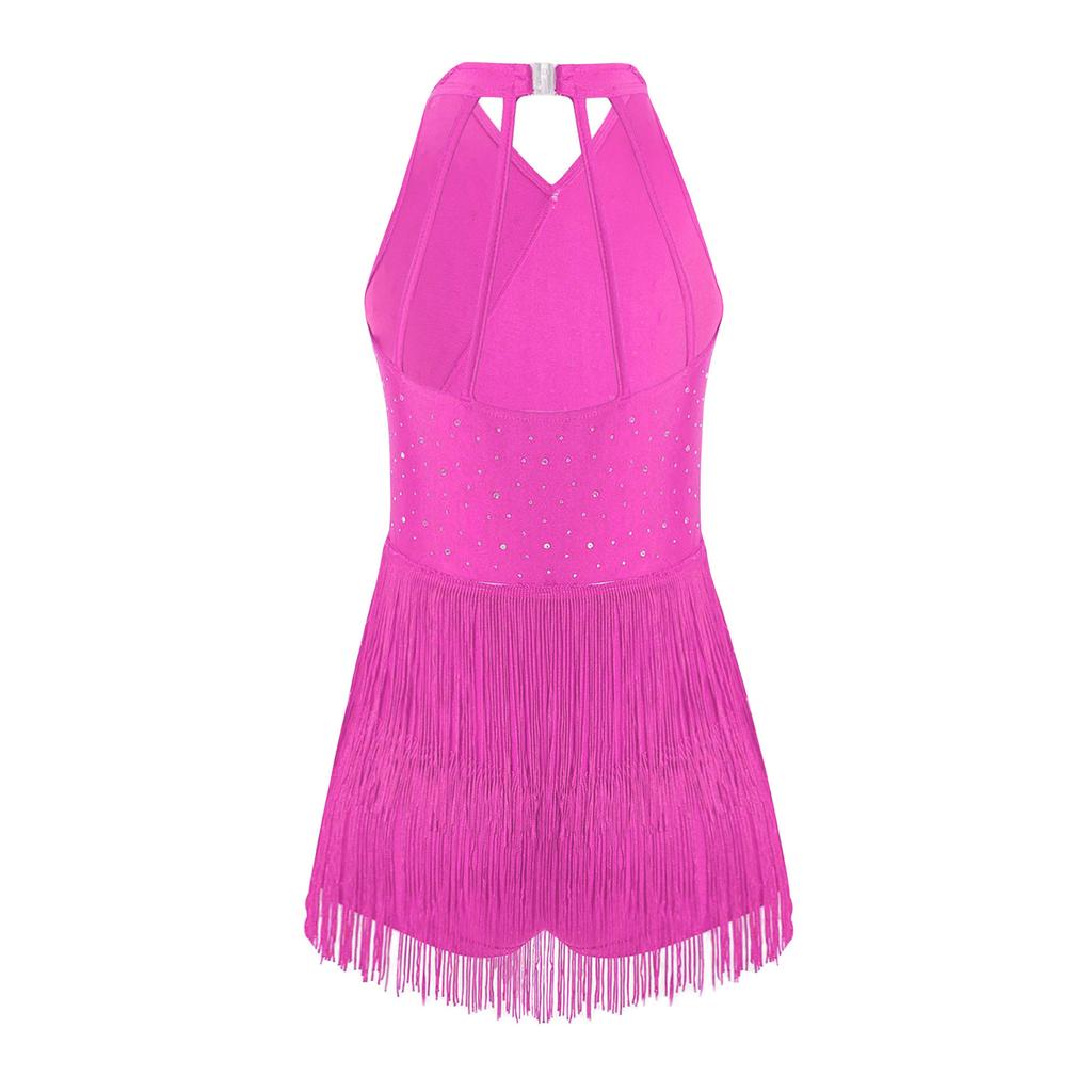 Girls Latin Dance Costume Glittery Rhinestones Fringe Leotard Halter Neck Sleeveless Strappy Back Tassel Jumpsuit