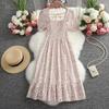 "French Retro Floral Square Neck Puff Sleeve Dress for Petite Women - High Waist, Sweet, Short Spring Style"