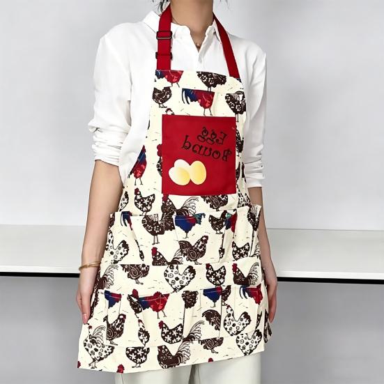 Canvas Apron with Multi-Pockets Egg Gathering Apron for Farm Home Adjustable Waist Fun Rooster Print Utility Apron for Gardening Cooking