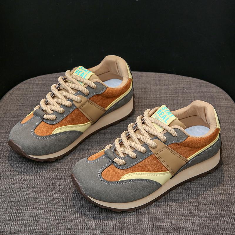 Casual Sneakers Women Suede Leather Patchwork Mixed Colors Lace Up Round Toe Platform Shoes Lady Flats