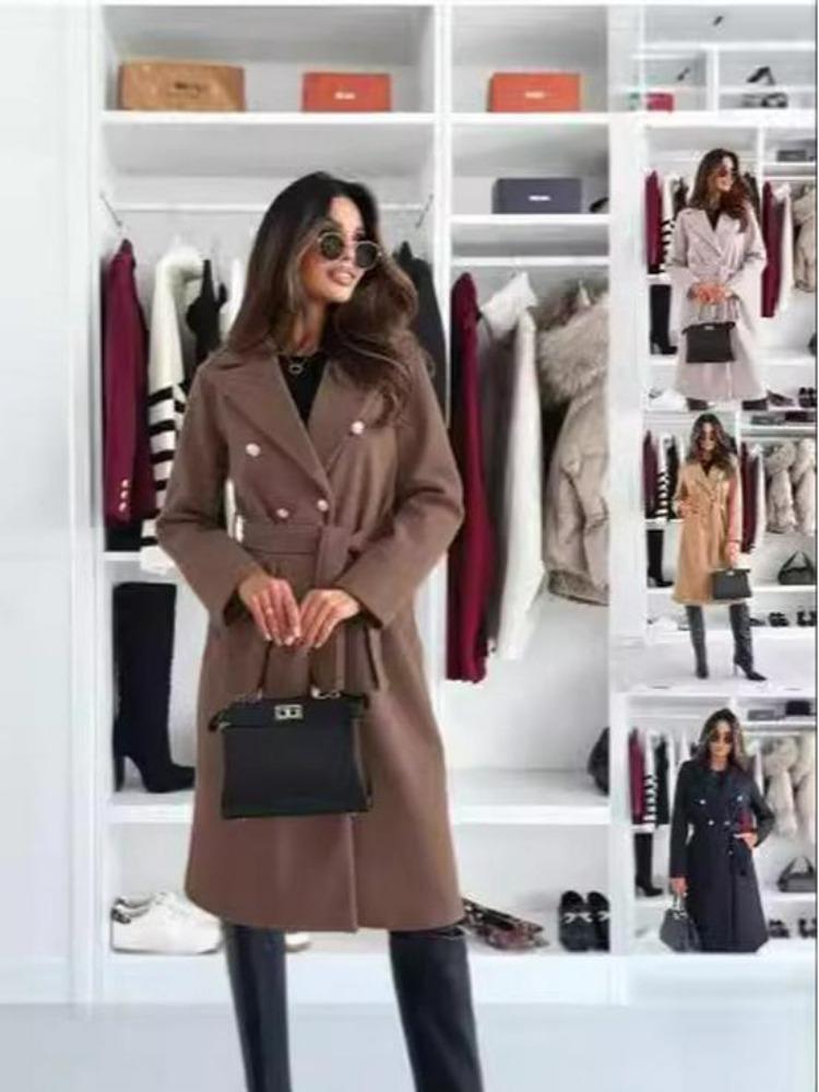 Зимнее женское двубортное шерстяное пальто с поясом, простое модное однотонное осеннее