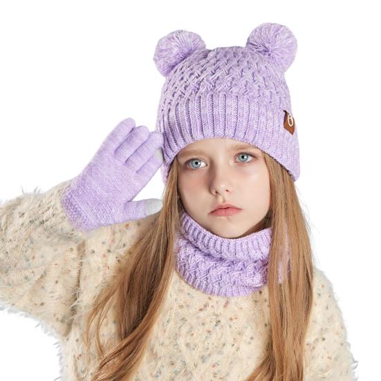 Kids Winter Hat Gloves Scarf Set Cold Weather Knitted Bear Hat with Pom Fleece Lined Neck Warmer Mitten Set for Girls Boys Ages 4-10