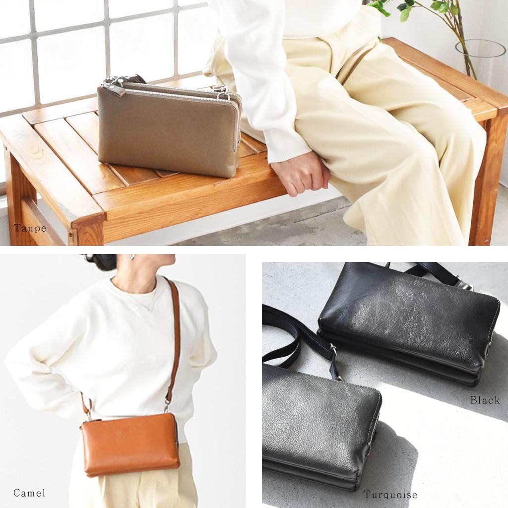7645-OK Made in Japan Genuine Leather Shoulder Bag for Women, Cowhide Leather Wallet with Double Zipper, Convenient Storage, Popular, Easy to Use,