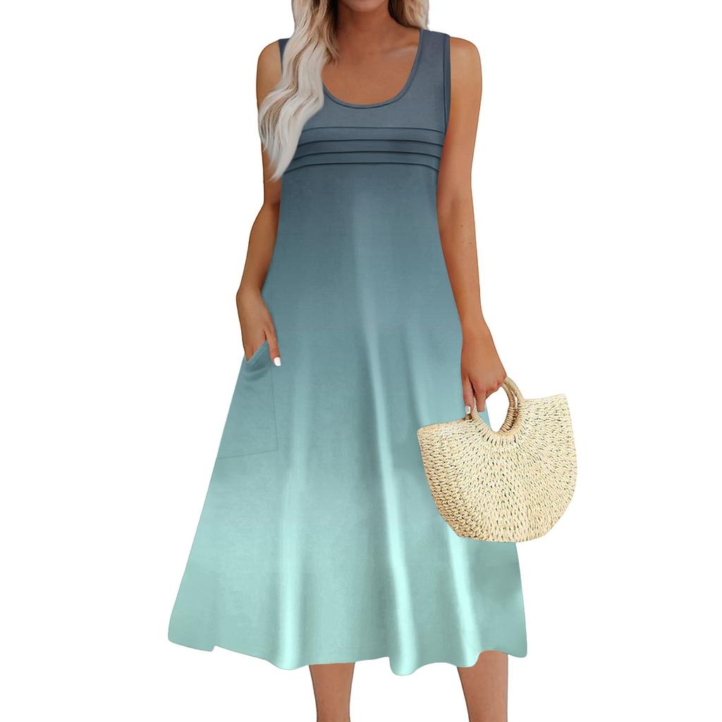 Женское модное пляжное платье без рукавов с круглым вырезом и карманами, длинные платья с градиентом