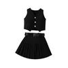 Kids Girl 2 Piece Outfit Solid Color Sleeveless Button Tank Tops and Pleated Skirt with Belt Set for Summer Clothes