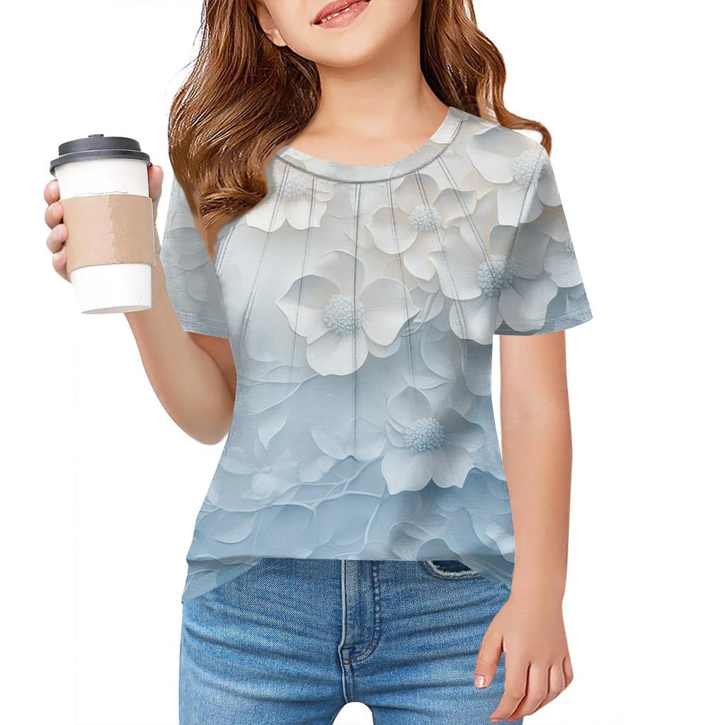 Детская футболка Fold A для девочек, летняя модная куртка с круглым воротником и цветочным принтом с короткими рукавами