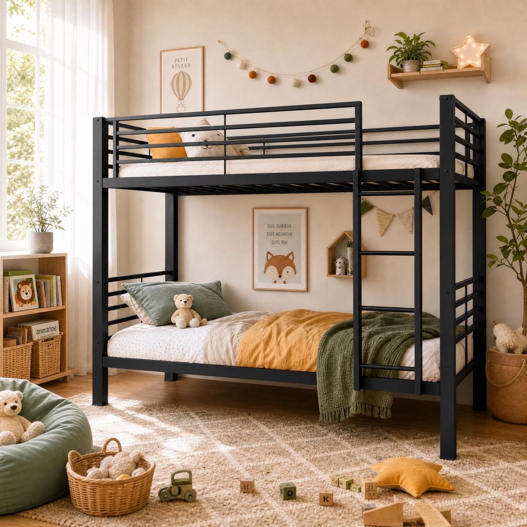 Metal Bunk Bed 90x200 cm, Load Capacity up to 350kg (150/200kg), Noise-free Metal Bed with Slatted Frame & Ladder Mountable Left/Right, Black