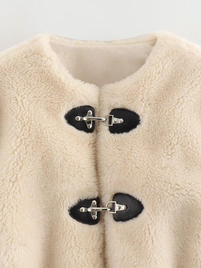 European & American Fashion Women's Fleece Jacket 2025 - Winter/Spring, Casual, Wide Pocket, Buckle Decor, X924003