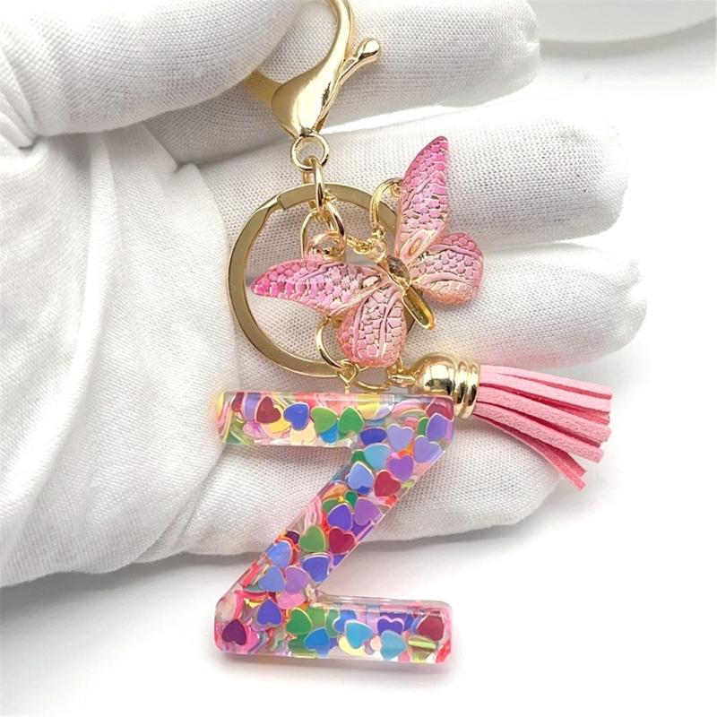 Брелок с подвеской в виде бабочки с кисточками, разноцветные сердечки, блестки, начальная буква, брелок для рюкзака, сумки, ключа от машины