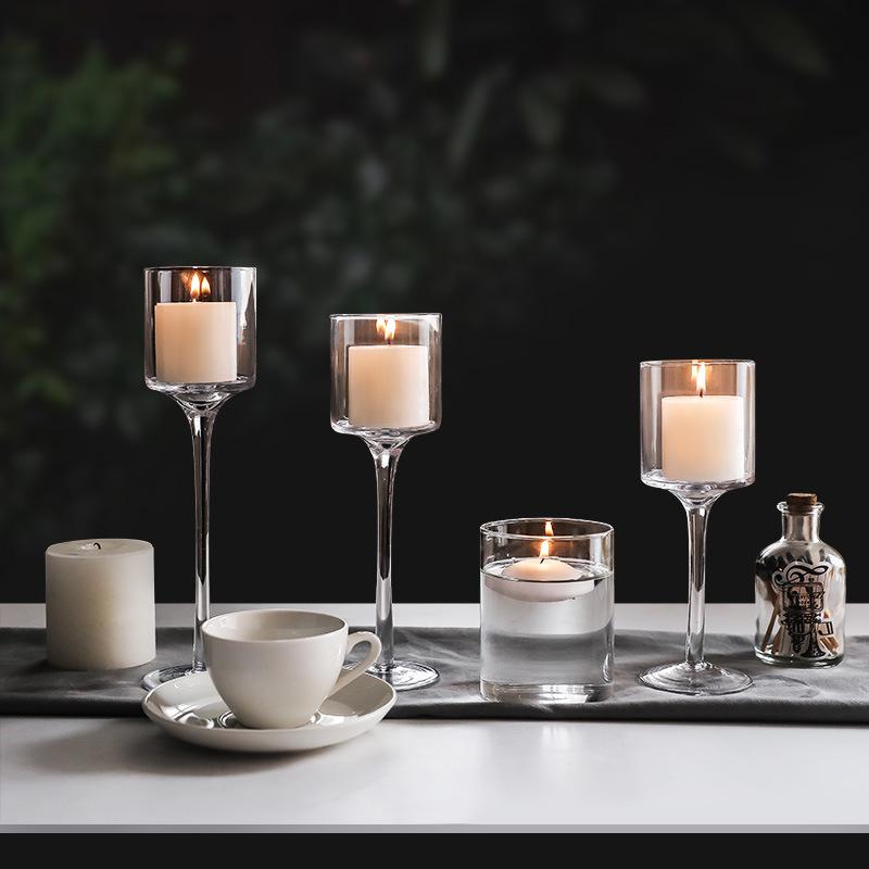 3PC Light Luxury Glass Candle Holder Tall Transparent Candlelights Romantic