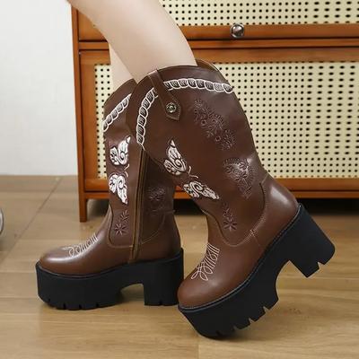 Новые западные вышитые манжеты высокие ковбойские сапоги толстая подошва водонепроницаемые женские сапоги круглый носок средний каблук однотонные резиновые So